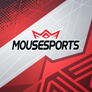 Mousesports logo design, vibrant and dynamic. Red geometric shapes, sleek black font, abstract background patterns. High contrast, modern aesthetic.