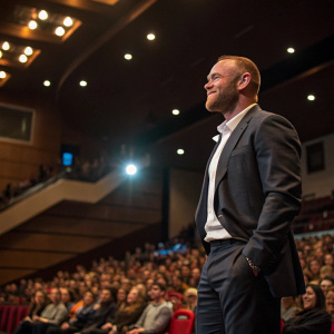 Wayne Rooney, with a serene expression, at a Q&A session. Wearing a formal suit. Auditorium filled with audience