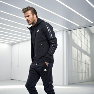 David Beckham in a sleek marketing photo shoot. Wearing an all-black outfit with Adidas branding. He's in a modern, minimalist indoor studio with bright, clean lighting.