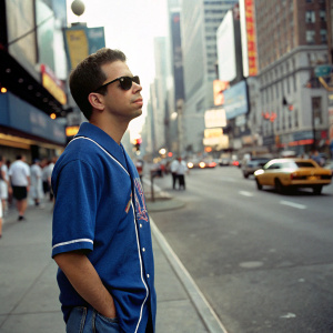 Jon Cryer, casually dressed in a blue baseball jersey and dark sunglasses, standing alone on a bustling city street.