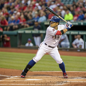 Shin-Soo Choo, baseball player for Texas Rangers, in batting stance. Pitcher's mound visible. Crowd blurred in background.