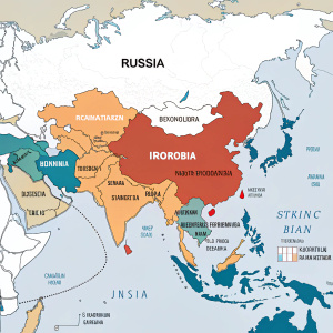 Interactive map highlighting Asia, with Russia and China as central features. Includes Kazakhstan, Mongolia, India, Indonesia and other regions.