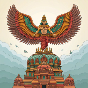 Illustration of Garuda, mythical bird from Hindu lore, with human torso and intricate wings, floating above an ornate temple. Rich colors and patterns.