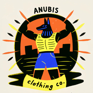 Black and white logo featuring Anubis, the ancient Egyptian deity. He stands in a powerful pose, framed by stylized lines and rays. The circular design includes the text 'Clothing Co.' below and 'Anubis' above. Modern urban setting.