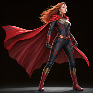 Digital artwork of a female superhero. Long red hair, detailed costume, powerful stance. Solid black background