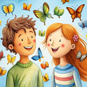 friends smile a lot of butterflies flying