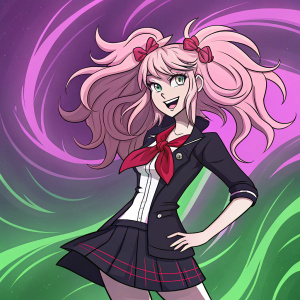 Digital art of Junko Enoshima from Dangan Ronpa. Vibrant colors, dynamic background of swirling purples and greens. Confident pose, energetic expression, wild hair with pink tones