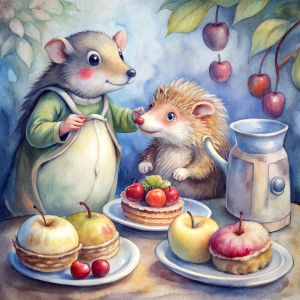 The kitchen smells of delicacies. On the table, there is a plate full of apple pancakes. A mouse and a hedgehog are eating them."









