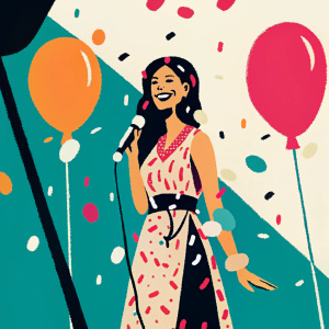 Nikki Sanderson at Nickelodeon Kids' Choice Awards. Wearing a vibrant, colorful dress. Smiling widely. Festive background with balloons and confetti.