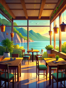 a cafe interior with a view of the sea