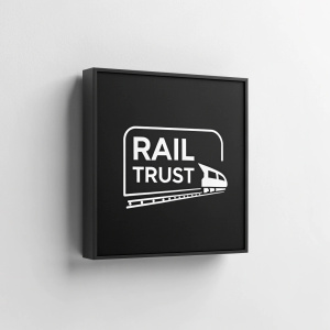 Modern logo for Rail Trust. Clean design, train icon, white text 'Rail Trust' on black background.