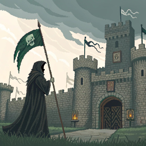 Medieval pixel art scene. Grim reaper figure standing in front of ancient stone castle. Dark green banner flutters in wind. Gothic themed backdrop with detailed flag.