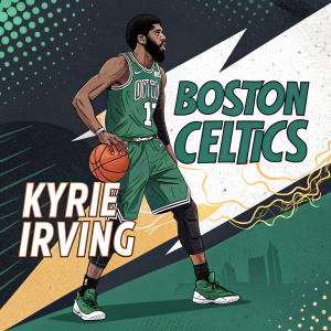 Kyrie Irving, basketball superstar, stands confidently on a dynamic comic book illustration. Vibrant colors contrasting dark and light shades, with Boston Celtics logo prominently featured. Picture resembles a stylized artwork.