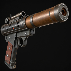 High detail render of Ratchet's Blaster from Ratchet & Clank. The weapon features a brown barrel and a sleek dark metal body. The close-up perspective highlights the intricate design and sharp focus on the barrel. Digital art, black background