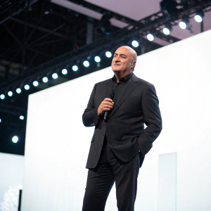 Kevin O'Leary in a sleek black suit, appearing on a tech conference stage. Bright white background, sharp focus