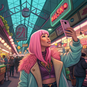 Nicki Minaj, with her distinctive pink hair, taking a selfie at a bustling indoor market. Neon signs and vibrant background.