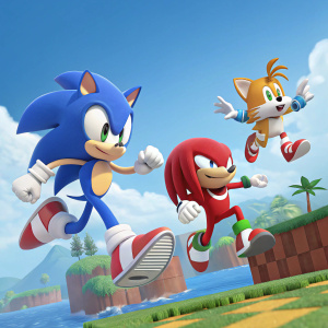 Characters from Sonic the Hedgehog series, in mid-jump pose. 3D render, vibrant background with digital art style.