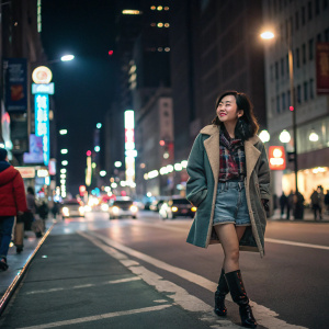 Asian actress in her mid-twenties. Stylish outfit, casual vibe. Poses on bustling city street at night.
