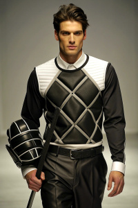 fashion design with hockey-themed elements, for men, sport-casual style, black colors, modern, agressive