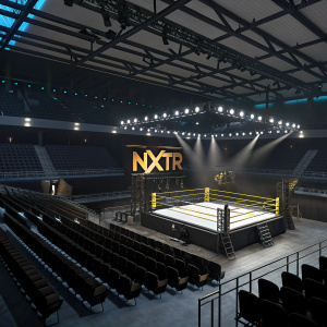 A 3D illustration of an empty WWE NXT arena. Wrestling ring illuminated, surrounded by rows of dark seats. NXTr logo prominently displayed. Lighting fixtures casting shadows, creating a dynamic atmosphere.