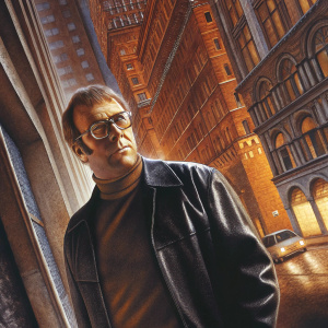 Michael Caine, looking intently at his glasses in a bustling cityscape. Dressed in a black leather jacket and a turtleneck, amidst towering brick buildings with detailed architectural elements.