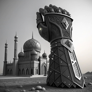 Digital artwork inspired by Gauntlet and Prince of Persia. Futuristic concept design with black and gray tones. Intricate geometric patterns, sharp angular lines. Complex 3D modeling, set against a neutral gray background.