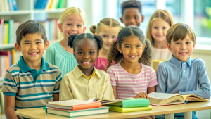 Multicultural group of kids sit at tables with books and study at primary school. Education, knowledge, development or studying