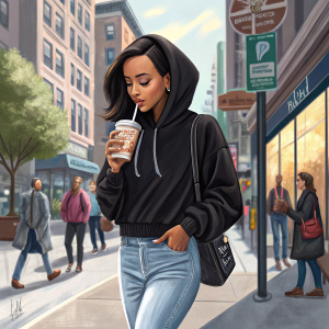 Maya Jama, casually dressed in a black hoodie and jeans, sipping a drink from a straw on a bustling city street.