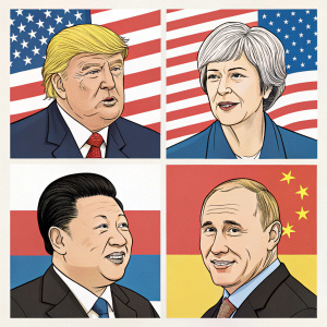 Cartoon depiction of global leaders in 2020. Donald Trump, Xi Jinping, Kim Jong-un, Theresa May, Vladimir Putin, Alberto Fernández. Exaggerated facial features and vibrant colors. Each figure set against their respective country's flag. Displayed in a grid layout.