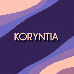Sophisticated logo design for tech brand Koryntia. Gradient colors blue and blush pink. Sans-serif font. Modern and sleek.