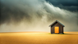 a Swedish wooden hut in a lonely landscape , very minimalistic, black background, foggy and stormy weather , style minimalistic , realistic style , wide angel photography