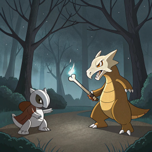 Pokémon battle scene featuring Cubone and Marowak. Dark forest background. Intense battle between the two, with a mysterious dragon-like creature observing from the shadows.