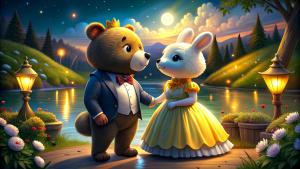 brown Bear in suite and bunny in a yellow dress. Next to a river at night