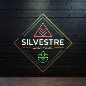 Silvestre Carbon Vegetal logo, minimalist design. Geometric shapes and bold text. Dark background with neon accents.