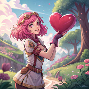 Evelyn, from League of Legends, depicted in manga style. Pink hair, big heart in hand, illustrated against a vibrant, digital background.