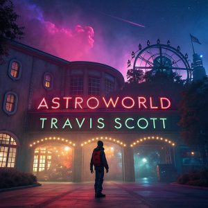 Album cover for 'Astroworld', digital artwork by Travis Scott. Features vibrant neon colors, intricate design elements, and futuristic font style.