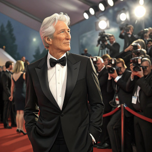 Richard Gere, dressed in a black tuxedo, at the Cannes Film Festival. Crowded event with flashing cameras and paparazzi