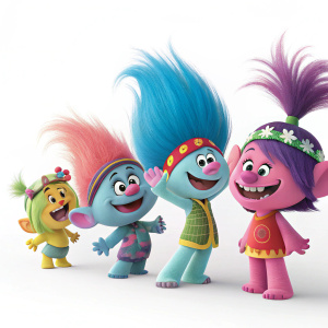 Promotional poster for Trolls World Tour. Colorful characters, each with unique outfits and hairstyles, posing in a line against a white backdrop.