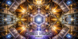обложка  ВК, ИИ музыка,симметричный фон, электроника, Текст "CYBER MUSIC", технологии