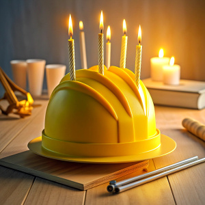 A birthday cake in the shape of a builder's helmet. It is decorated with lighted candles on the top, several different tools of a construction worker, a laptop and a smartphone