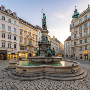 The Donnerbrunnen fountain, located in the heart of Neuer Markt square, Vienna, Austria. Constructed in 1737, the fountain is adorned with Renaissance figures and art.