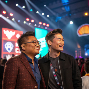 Alec Mapa and Jamison Hebert at a lively conference. Bright lights and dynamic logos in background.