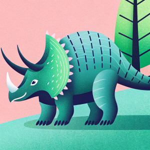 Triceratops dinosaur figurine in a detailed 3D render. The figurine is in a dynamic pose, showcasing its rugged, scaly skin and prominent horns.