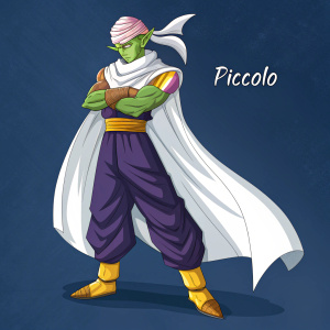 Piccolo from DragonBall Z, robust figure, white cape with yellow accents, and matching headwrap. Bright image, dark blue background, powerful stance. 'Piccolo' text visible on side