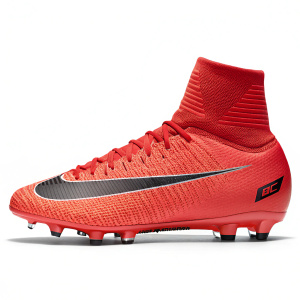 Digital illustration of Cristiano Ronaldo's Nike CR7 cleat. Bright red color, breathable mesh fabric, prominent Nike logo on the side