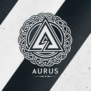 AURUS logo featuring intricate design with swirling lines around stylized 'A', set against a backdrop of bold black and white colors. The brand name is written in modern font below the emblem.