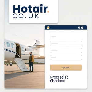 Homepage for HotAir.co.uk. Central login panel, user details form, order summary, proceed to checkout button