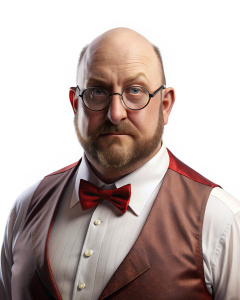 A fat detective, 40 years old, with small stubble, in a white shirt, cherry suit, black vest, bow tie, round glasses, game style photography, stands half-sideways, a little bald