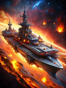 Hull Color: Intertwining flames of red and orange, with a hull surface shimmering like phoenix feathers.
Size: Large cruiser warship, elegant in design yet imposing in strength.
Weapons: Main armament consists of high-energy particle cannons, with flamethrowers and laser cutters on the sides, and a defensive energy shield at the stern.
Features: Regenerative systems allow rapid repairs after damage, akin to a phoenix reborn; flames from the stern thrusters leave a brilliant trail in the sky.