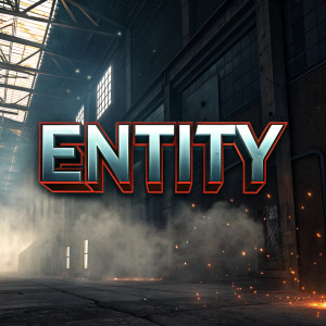 A digital art piece featuring the word 'Entity' in sleek, bold font. The design is set against a dark, grainy background with industrial textures. The text is centrally positioned, surrounded by modern design elements, giving it a gritty, tech vibe.